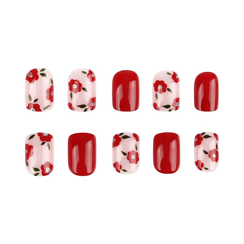 CTTHNBD Short Press on Nails Square - Red Fake Nails with Cute Flower Design - Solid Color Full Cover Glossy Stick on Nails for Women - 24 Pcs - Image 5